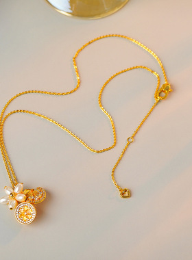 KS家柠檬花瓣珍珠项链水钻锆石镶嵌清新高级感锁骨链