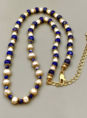 原创法式复古天然青金石项链女天然珍珠时尚高级感小众锁骨链