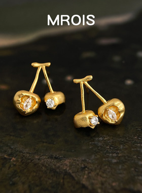 原创！破碎感樱桃~喷砂质感厚镀真金925银针时尚高级感耳饰耳钉女