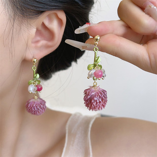 原创设计手工滴胶千日红蝴蝶结花朵耳环 复古永生花超仙少女耳饰