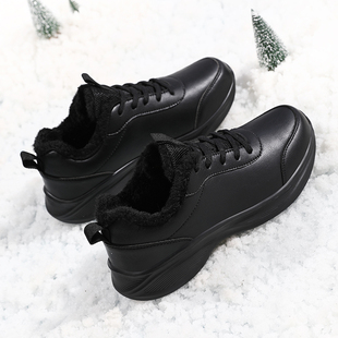 冬季双星女鞋运动鞋皮面保暖棉鞋加绒加厚跑步鞋加毛黑色休闲鞋女