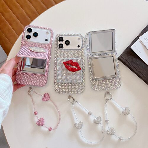 ins闪钻少女粉高级翻盖补妆镜子适用苹果18pro max手机壳iPhone17新款16pm小众15plus可爱14全包13防摔12套11