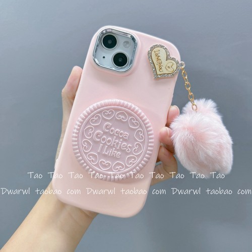 日韩ins秋冬大毛球饼干镜子适用iPhone16pro max手机壳苹果15plus翻盖14Pro化妆镜面13Max女12硅胶11proxs/xr