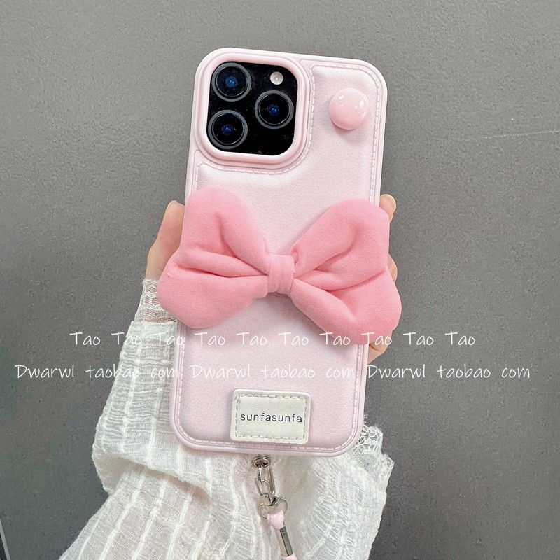简约少女粉立体蝴蝶结珍珠手提挂绳适用iPhone17手机壳苹果16pro max可爱15全包14软13新款12硅胶11网红xs女x