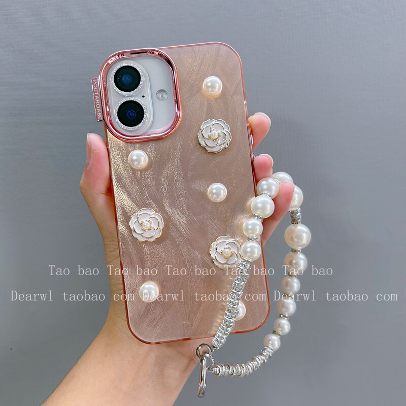 韩风ins立体山茶花珍珠手链适用于iPhone16promax手机壳iPhone15promax硅14/13全包边15软11高级4.5+1.8+3.5