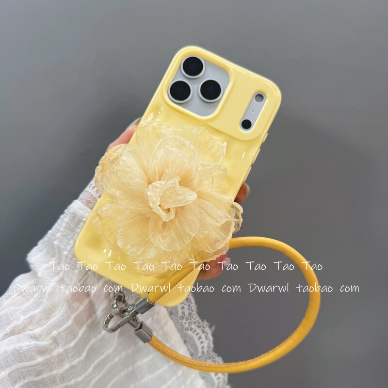 ins奶黄色立体花朵镜子手提挂绳适用iPhone17promax手机壳苹果16Pro韩系15少女心14链条13全包防摔保护套ins