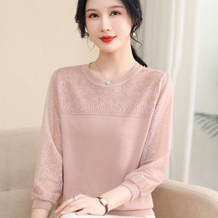 妈妈春装纱袖打底衫上衣女中老年人春秋内搭针织长袖T恤小衫薄款