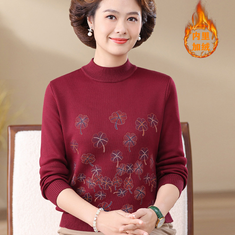 汐单绣花一体绒宽松半高领毛衣图片