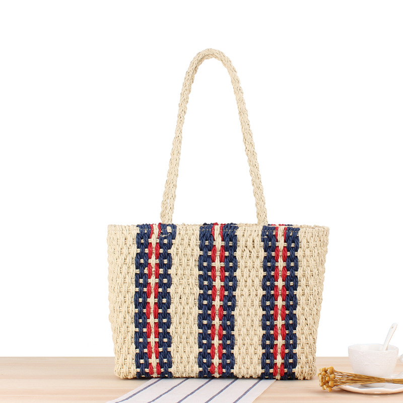 New vertical striped single shoulder paper rope woven bag fa