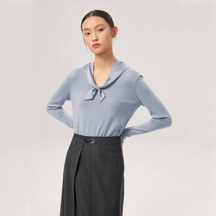 OVV秋冬22MM缎面绉真丝领精纺羊毛拼接长袖针织衫