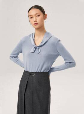 OVV秋冬22MM缎面绉真丝领精纺羊毛拼接长袖针织衫