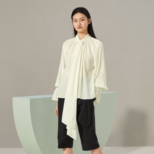 领口系带真丝罩衫 女 春夏优雅喇叭袖 女装