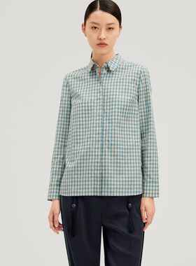 OVV通勤职业百搭翻领100棉格纹单排扣长袖休闲衬衫女