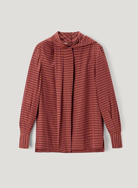 OVV秋冬不对称领结长袖格子衬衣女GNSAJ39109A 专柜正品