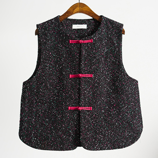 有叙新国风中式手工盘扣圆领复古书卷气宽松100%棉牛仔马甲上衣