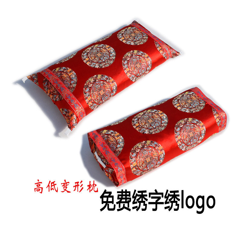 宫廷枕卡扣可调颈椎荞麦壳枕头 织锦缎布料枕套 LOGO刺绣枕头内胆