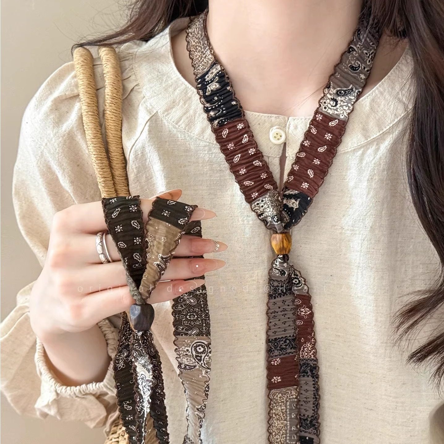 复古腰果花丝巾项链女早秋氛围感长款可抽拉毛衣链时尚美拉德配饰,饰品/流行首饰/时尚饰品新,项链,淘宝优惠券,粉丝福利购,淘宝优惠卷