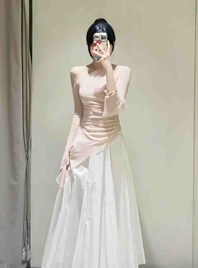 ZA外贸出口新品女装温柔甜妹纯欲斜肩不规则下摆网纱上衣5584352