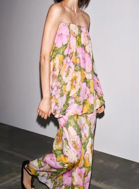 ZA外贸出口法式一字肩国风牡丹元素拼接露肩连衣裙女3096152 500