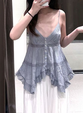 ZA外贸出口女法式度假风蕾丝拼接纽扣饰刺绣吊带上衣0881024 485
