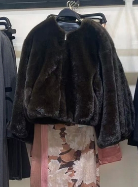 ZA外贸出口女装小圆领人造皮草效果飞行员夹克外套6318288