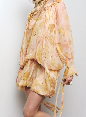 ZA外贸出口女装双层薄纱晕染印花系带装饰短连衣裙2634076 025