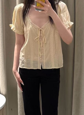 ZA外贸出口女装罩衫式系带装饰休闲风刺绣薄纱衬衫 0881013 423