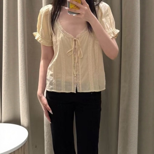 0881013 ZA外贸出口女装 423 饰休闲风刺绣薄纱衬衫 系带装 罩衫 式