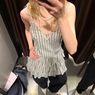 夏日限定奶油格纹叠层装 饰迷你连衣裙2504143 新款 ZA外贸出口女装