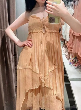 ZA外贸出口女装蝴蝶结饰不对称叠层装饰吊带连衣裙5107068 613