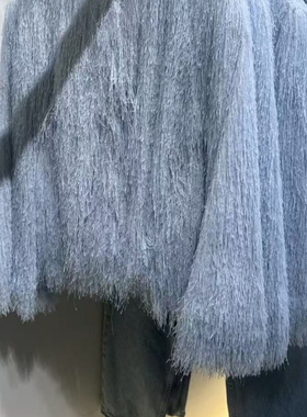 ZA外贸出口淡蓝色毛毛流苏饰温柔华贵圆领夹克外套女8376857 406