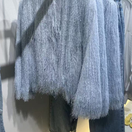 ZA外贸出口淡蓝色毛毛流苏饰温柔华贵圆领夹克外套女8376857 406