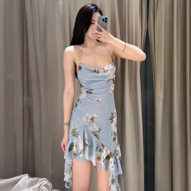 ZA外贸出口 新款薄荷曼波夏日风情斜摆绢网显白吊带连衣裙5039122