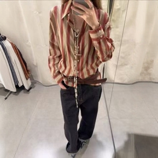 330 女8795152 ZA外贸出口休闲宽松欧码 垂顺质感背部绊带条纹衬衫