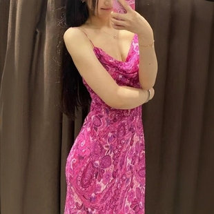 3003653 度假风性感露背印花迷笛连衣裙女 ZA外贸出口新品 收腰修身