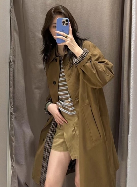 ZA外贸出口女装新款高级感棕色排扣装饰中长款风衣3811244 751