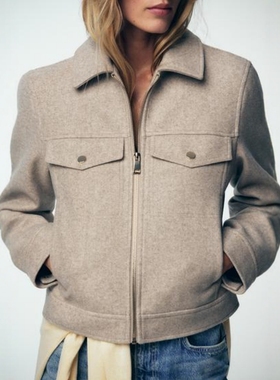 ZA外贸出口女装新款复古行政风毛呢软质拉链夹克外套3046265