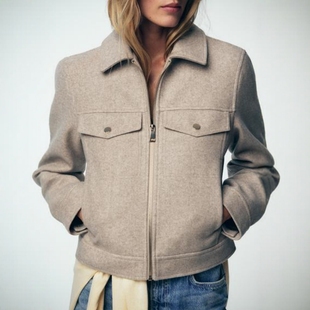 ZA外贸出口女装 复古行政风毛呢软质拉链夹克外套3046265 新款