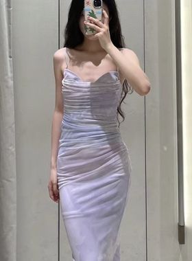 ZA外贸出口新款古典风渐变扎染印花褶皱绢网吊带连衣裙3081004