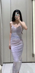 ZA外贸出口新款 古典风渐变扎染印花褶皱绢网吊带连衣裙3081004