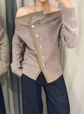 ZA外贸出口女装法式小翻领浅咖色可叠穿一字领针织外套 3920126