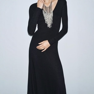 收腰垂顺气质感V领长款 ZA外贸出口女装 长袖 修身 连衣裙4174764 新款