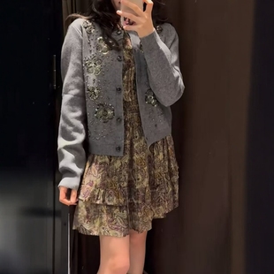 ZA外贸出口秋冬女装 排扣刺绣提花黑色串珠针织外套4192160 长袖