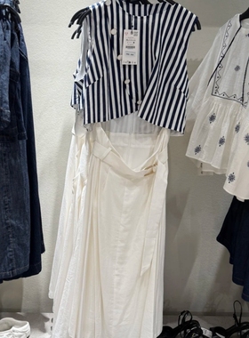 ZA外贸出口女装蓝色条纹亚麻配腰带拼接长连衣裙8539393