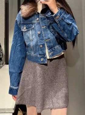 ZA外贸出口可拆卸设计短款翻盖人造皮草效果牛仔夹克外套 4083228