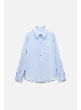 ZA外贸出口秋季新品通勤蓝色POLO翻领加衬纽饰衬衫上衣女2157227