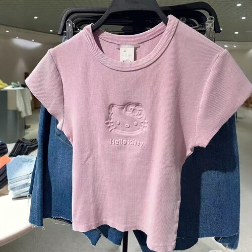 凯蒂Kitty猫印花水洗螺纹棉T恤