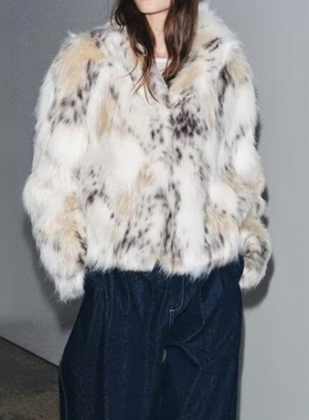 ZA外贸出口女装动物纹印花高级柔软质感人造皮草效果外套 4360243