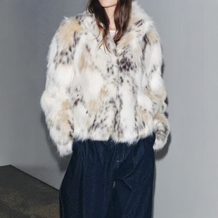 ZA外贸出口女装 4360243 动物纹印花高级柔软质感人造皮草效果外套