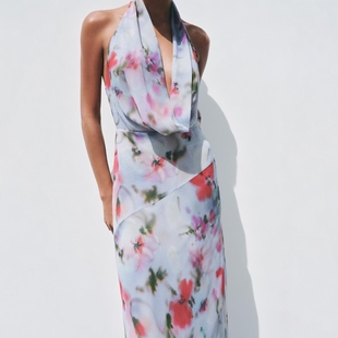 ZA外贸出口新品 度假风露背系带扎染烫花挂脖领迷笛连衣裙3063225